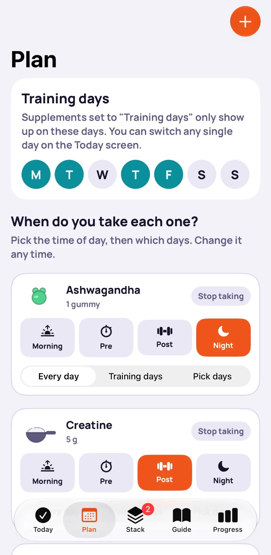 Plan: training days and time of day per supplement
