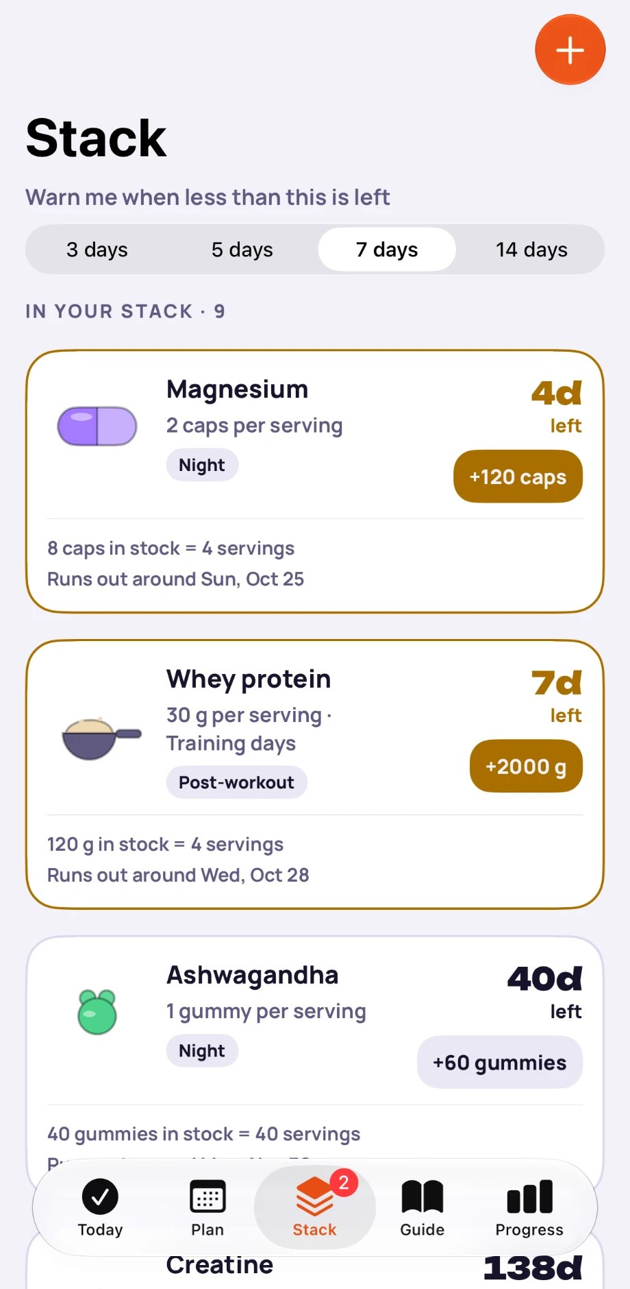 Stack: stock levels and low-stock warnings