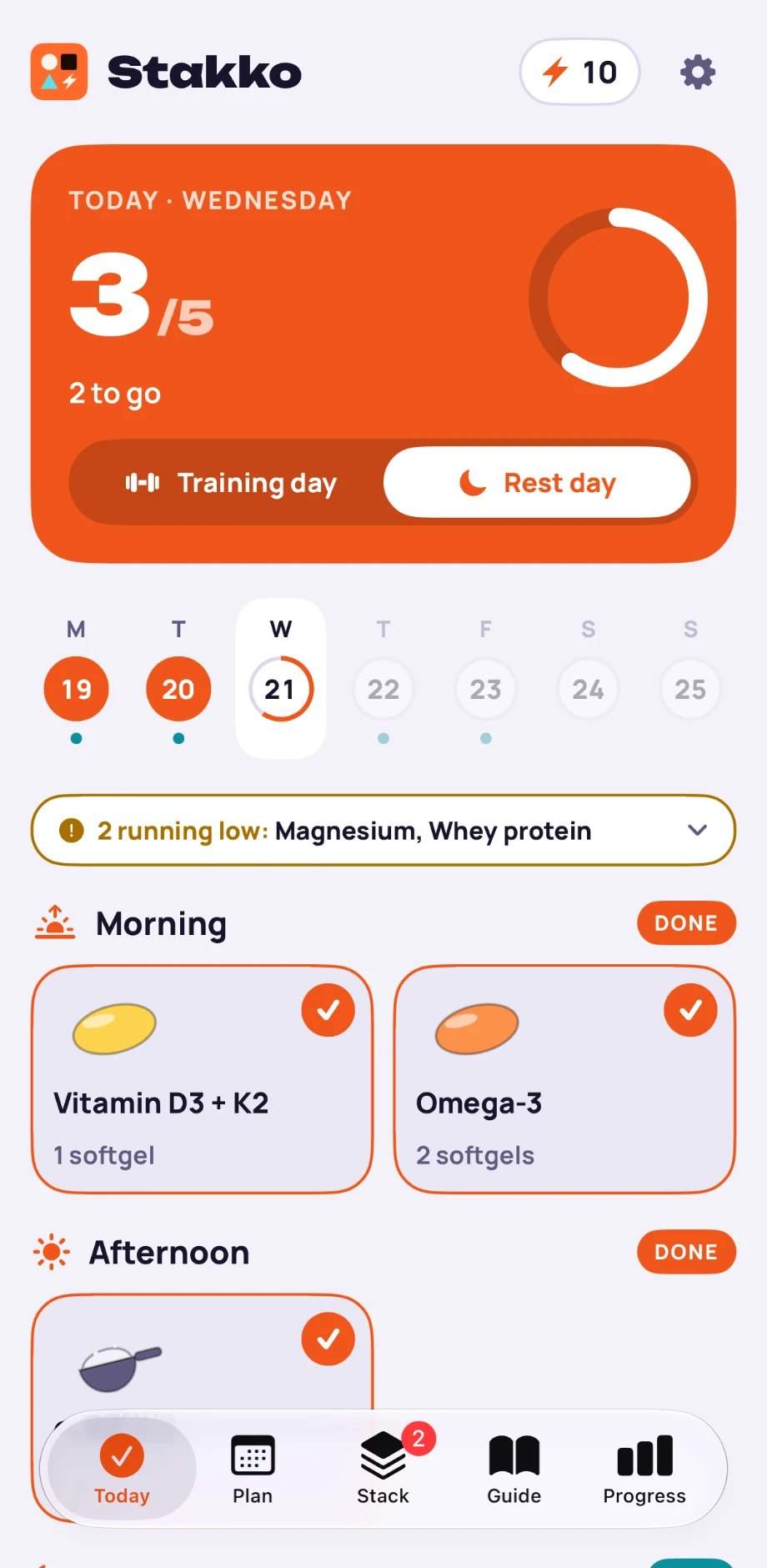 Stakko Today screen: 3 of 5 supplements taken, 10-day streak, two running low